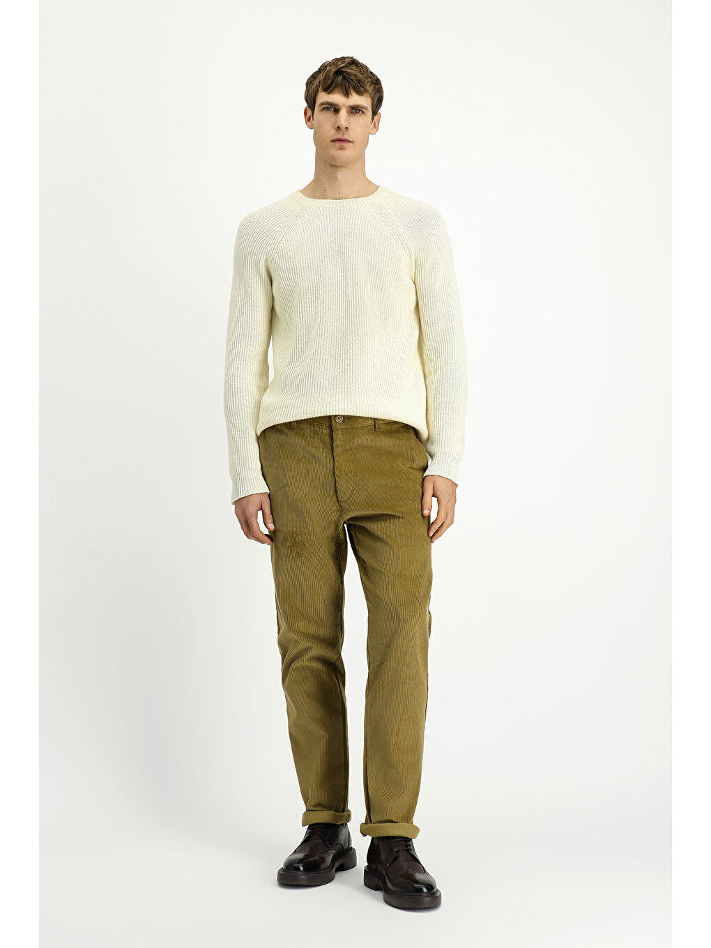 Ekru Bisiklet Yaka Regular Fit Yünlü Triko Kazak-3