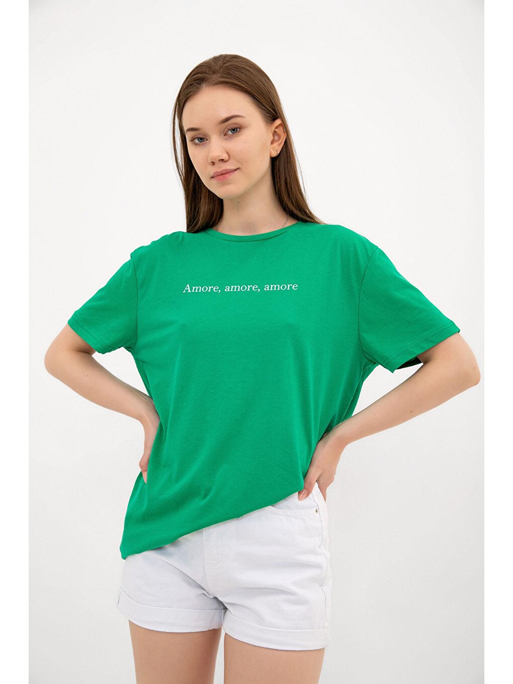 Yeşil Amor Baskılı Oversize %100 Pamuk Kadın Tişört-1