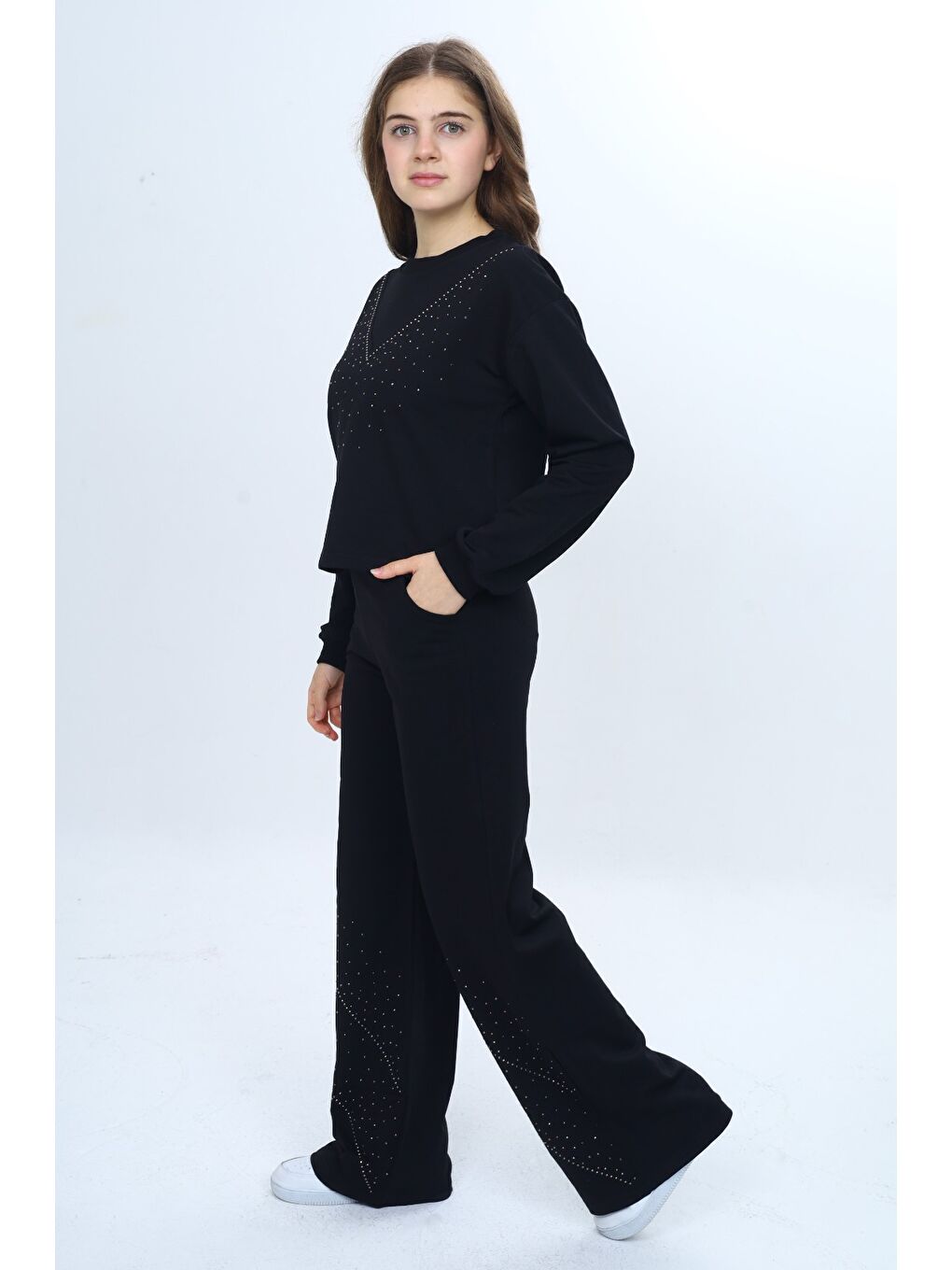 Siyah Kız Çocuk 2'li Takım Taş İşlemeli Bisiklet Yaka Sweatshirt & Beli Lastikli Bol Paça Cepli Eşofman Al-2