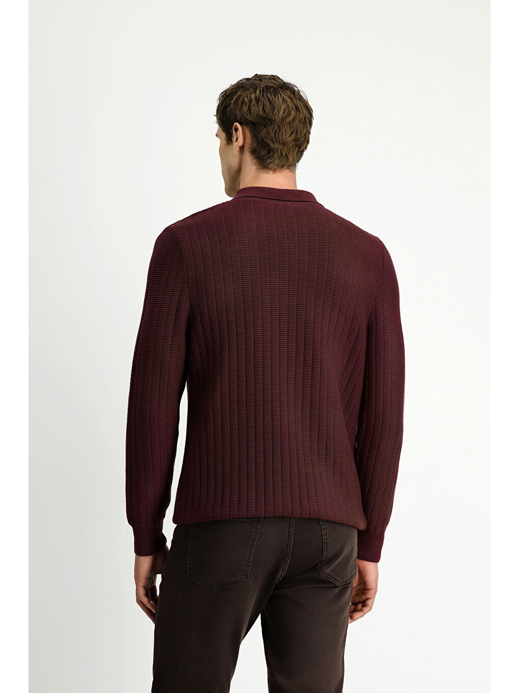 Bordo Polo Yaka Regular Fit Desenli Fermuarlı Pamuklu Triko Kazak-4