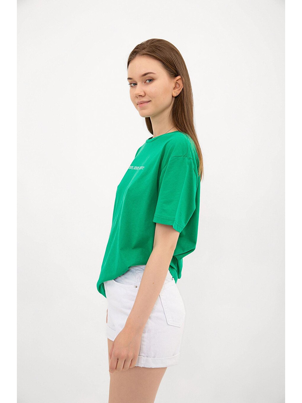 Yeşil Amor Baskılı Oversize %100 Pamuk Kadın Tişört-2