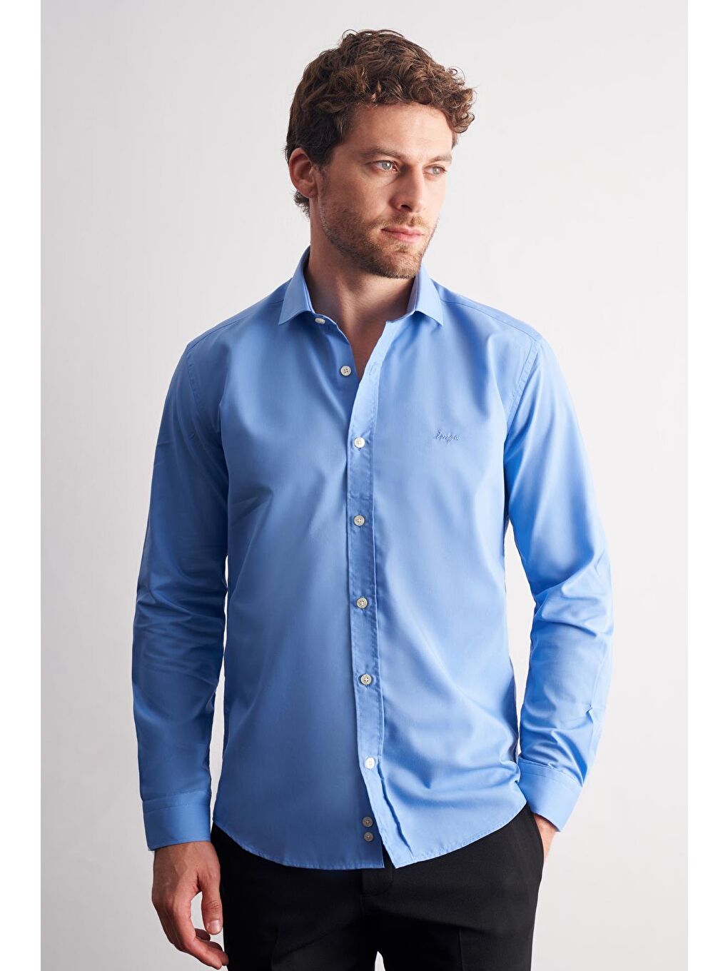 Mavi Saks Yarım İtalyan Yaka Uzun Kol Slim Fit Pamuklu Gömlek 1004255180-2