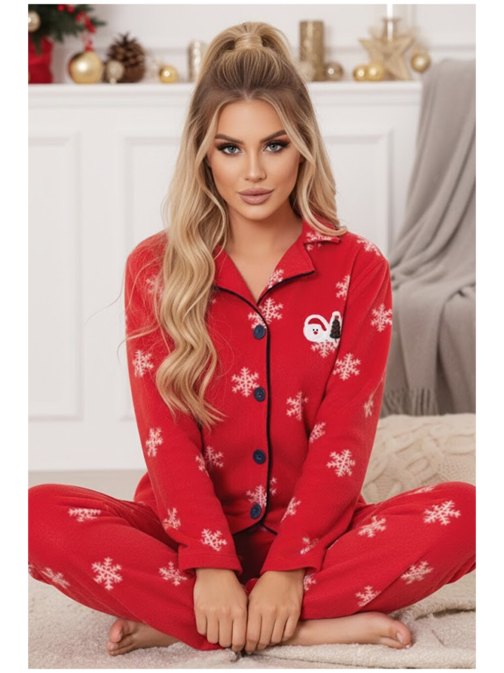 Kırmızı Yılbaşı Temalı Nakışlı Kar Tanesi Desenli Polar Kışlık Örme Pijama Takım