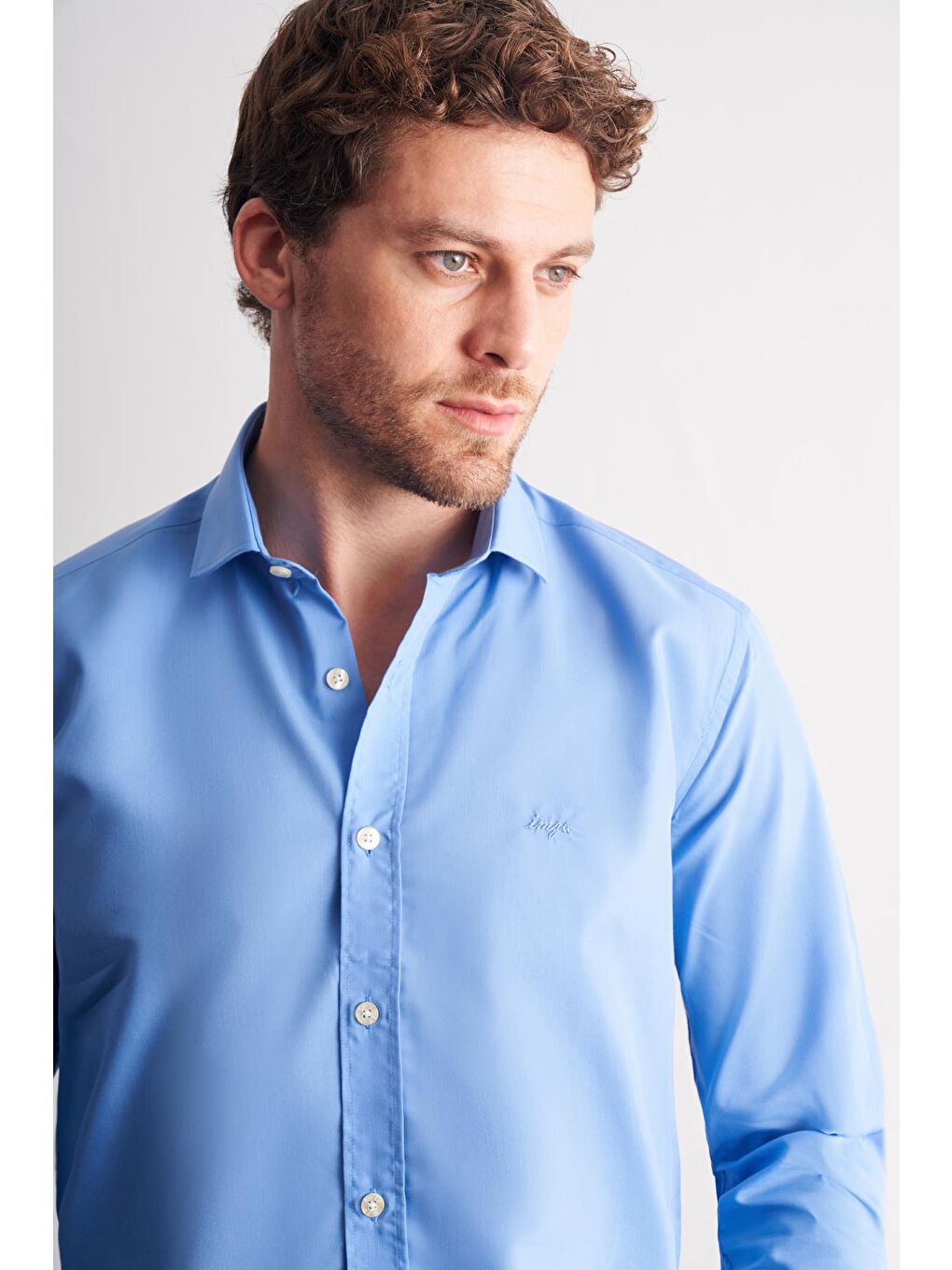 Mavi Saks Yarım İtalyan Yaka Uzun Kol Slim Fit Pamuklu Gömlek 1004255180-3