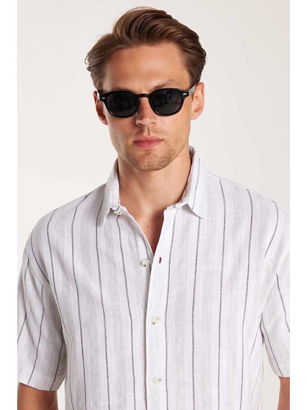 Karışık Relax Fit Oversıze Pamuklu Keten Efekt Çizgili Özel Tasarım Erkek Gömlek