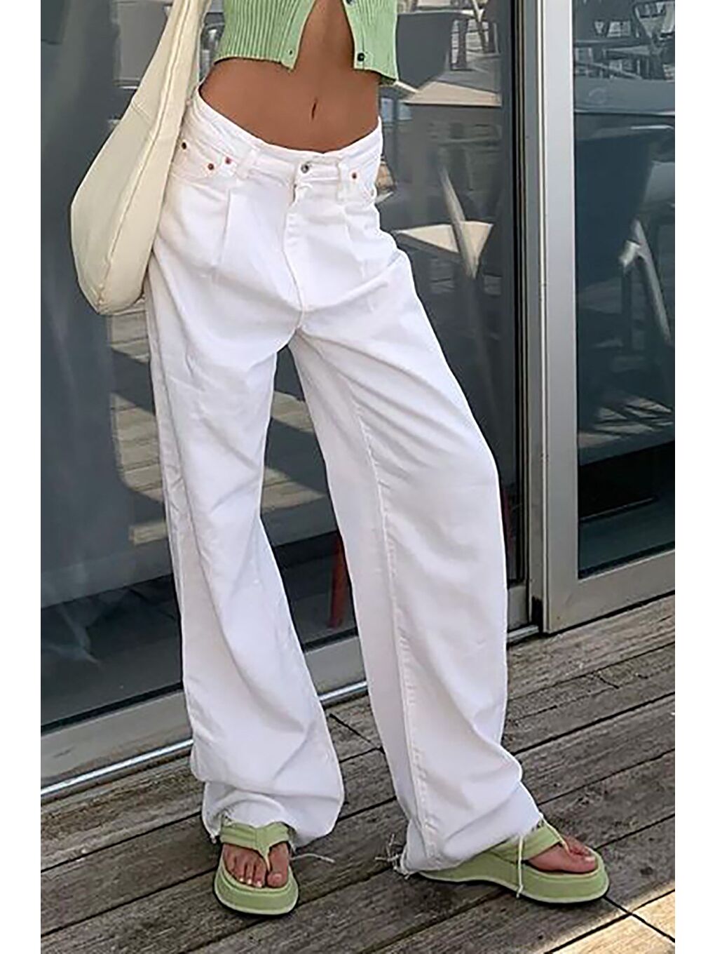 Beyaz Basic Pileli Palazzo Kadın Jean Mg1405-8