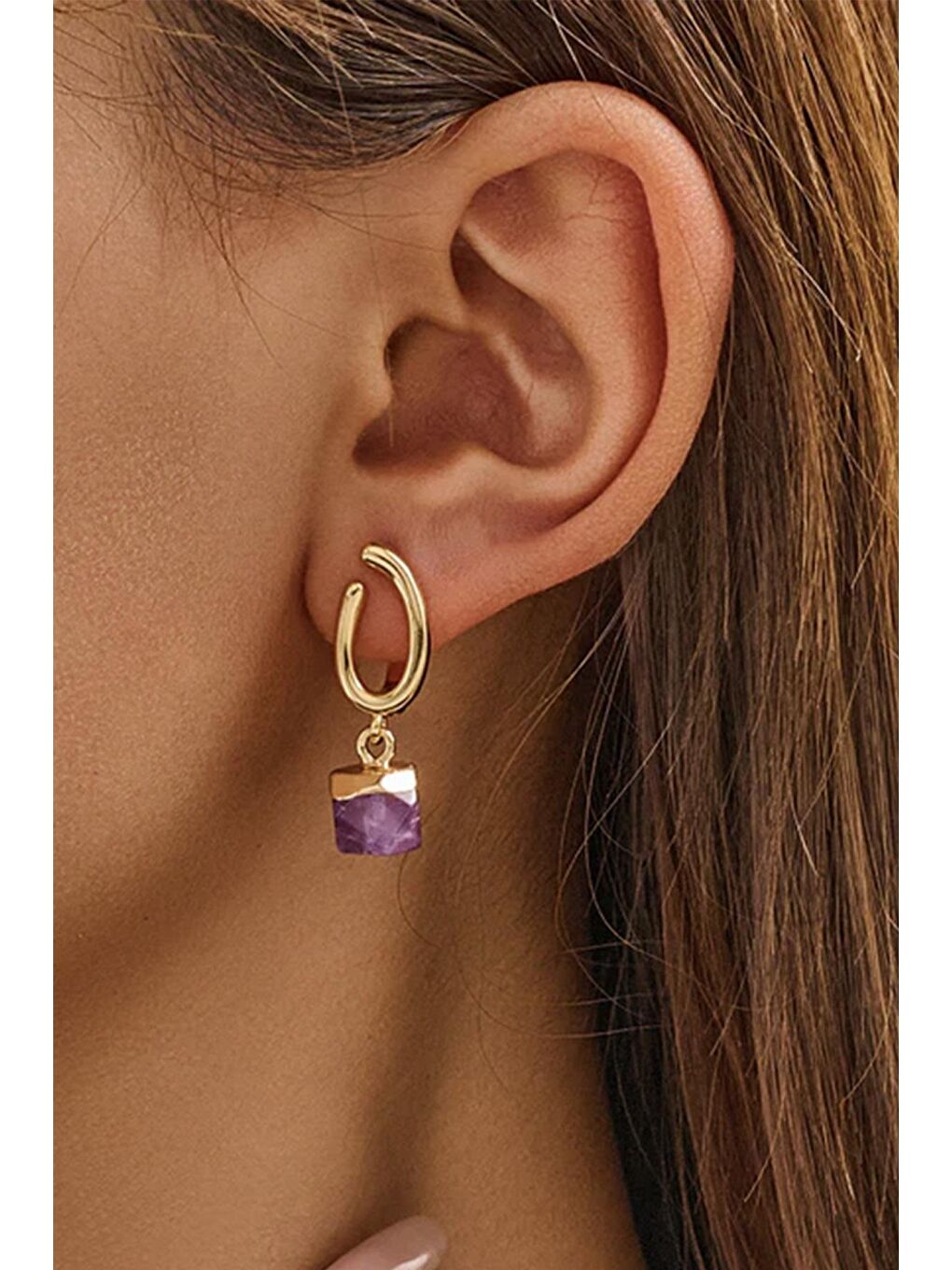 Sarı Mor Doğaltaş Sallantılı Küpe-1