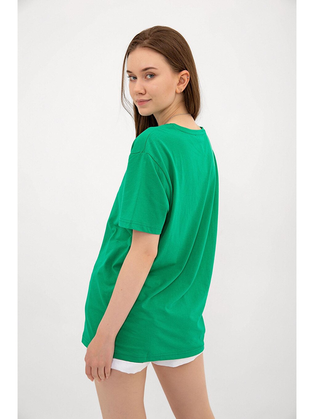 Yeşil Amor Baskılı Oversize %100 Pamuk Kadın Tişört-4
