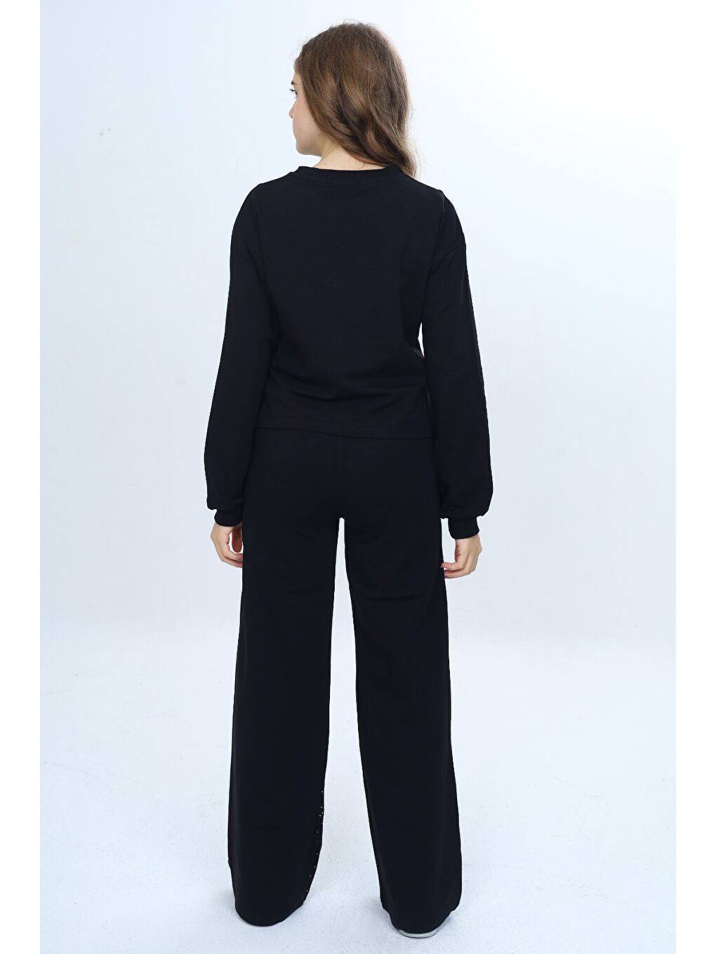 Siyah Kız Çocuk 2'li Takım Taş İşlemeli Bisiklet Yaka Sweatshirt & Beli Lastikli Bol Paça Cepli Eşofman Al-4