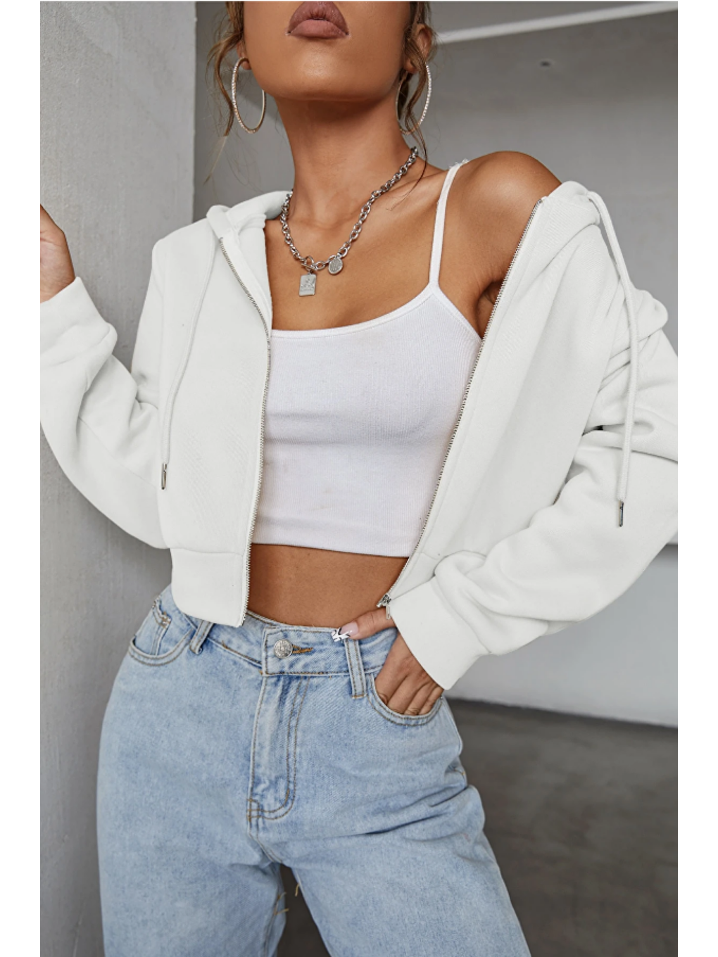 Kadın Kapüşonlu Şardonlu Beyaz Renk Crop Sweatshirt-1