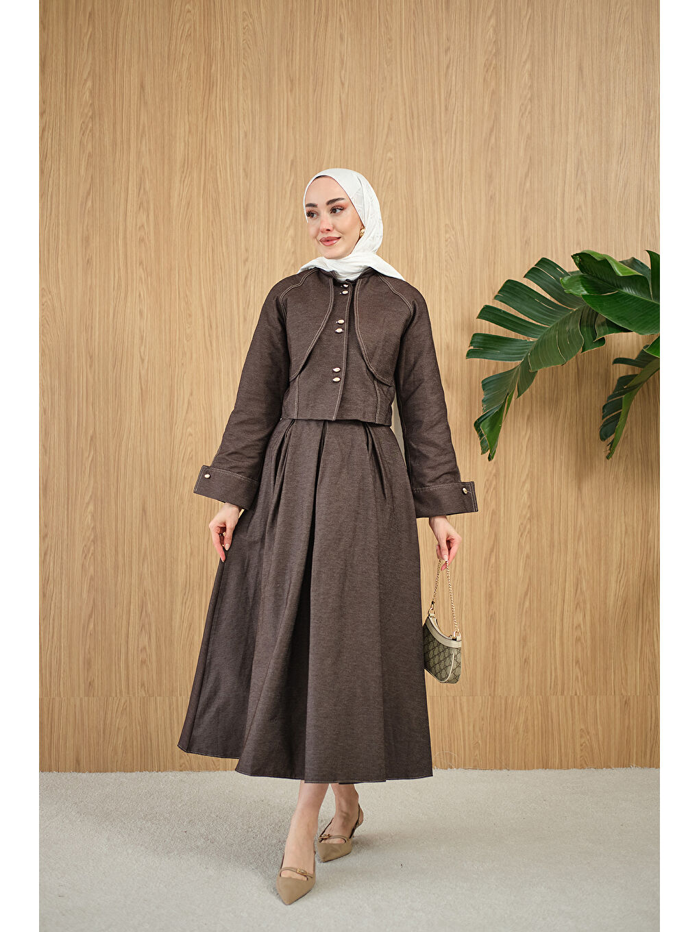 Kadın Pelerin Detay Gold Düğmeli Jean Takım Kahverengi-2