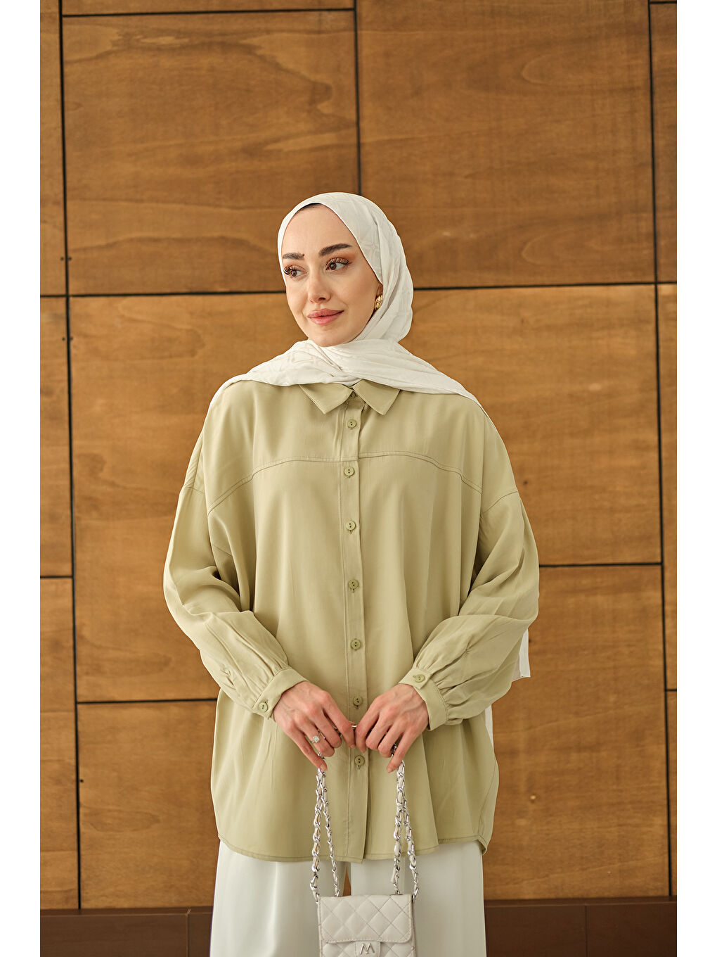 Turkuaz Kadın Biyeli Bel Bağlamalı Gömlek Su Yeşil-3