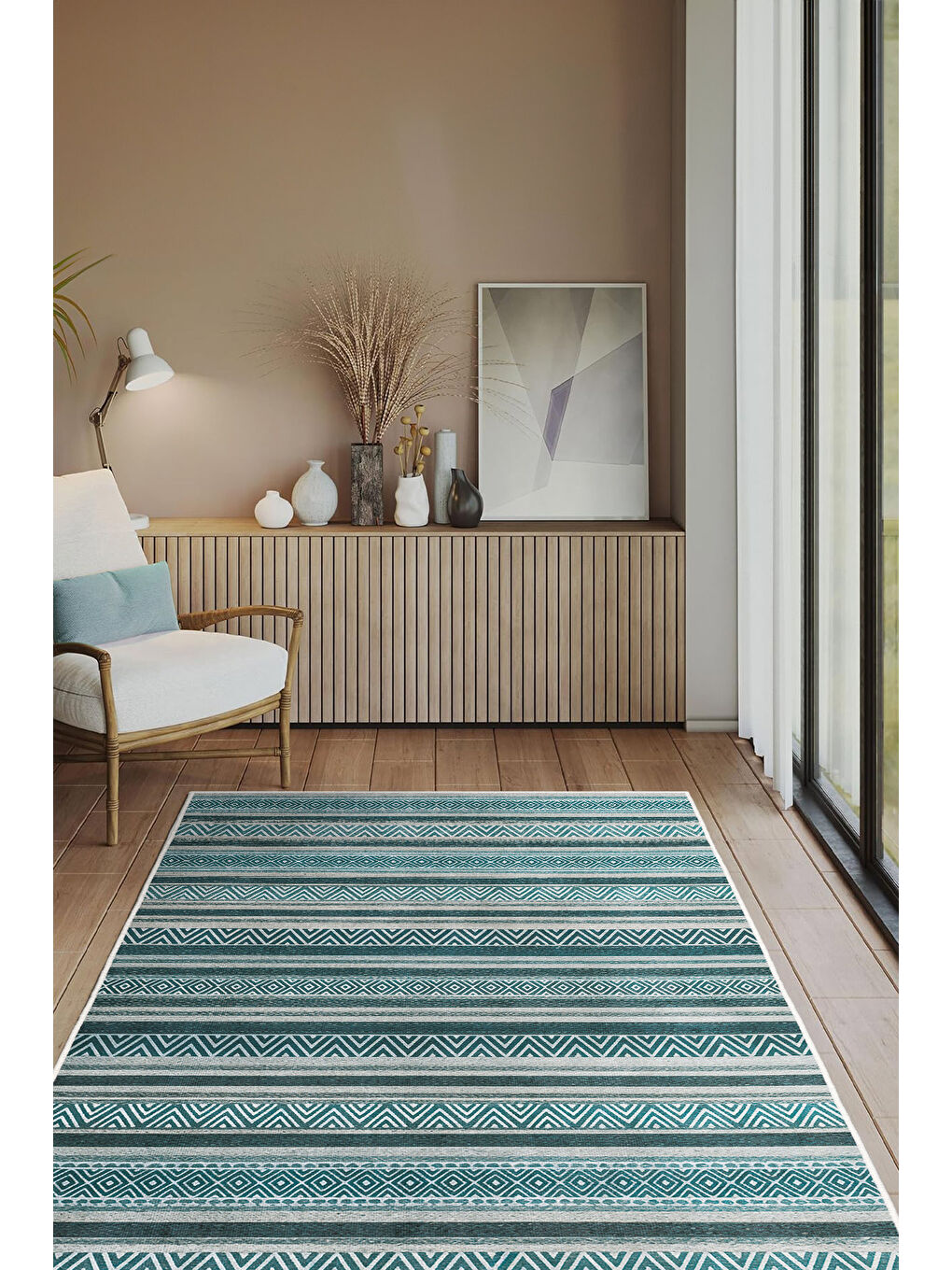 Mavi Dekoratif Özel Tasarım Yıkanabilir İnce Kaymaz Tabanlı Modern Halı KECE FR34-2