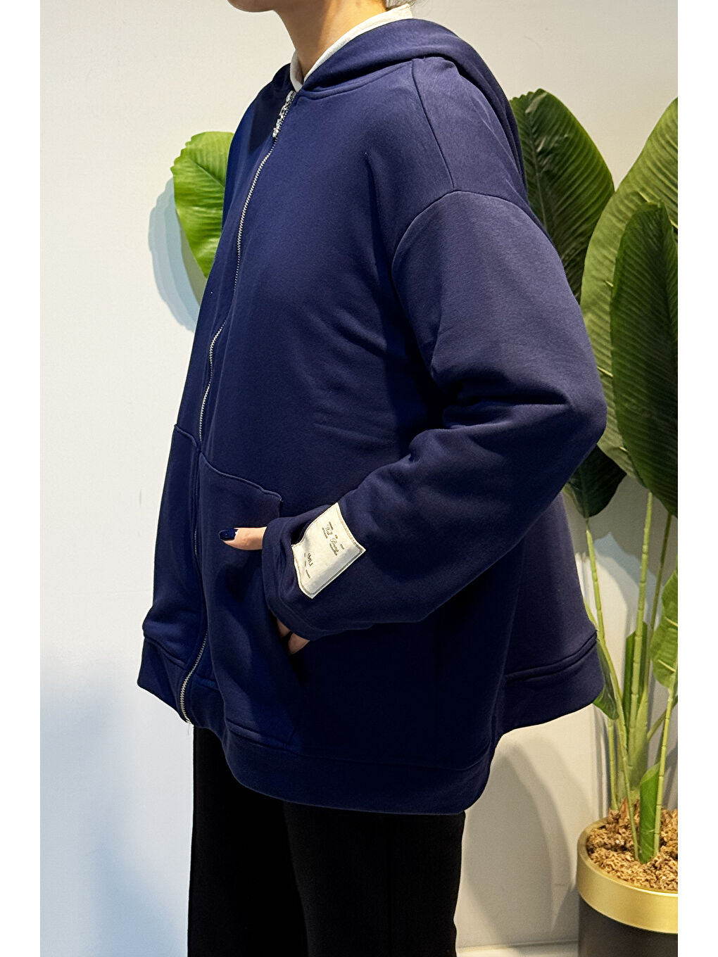 Kol Etiket Detay Kapüşonlu Fermuarlı Sweat Ceket 3176 Lacivert-2