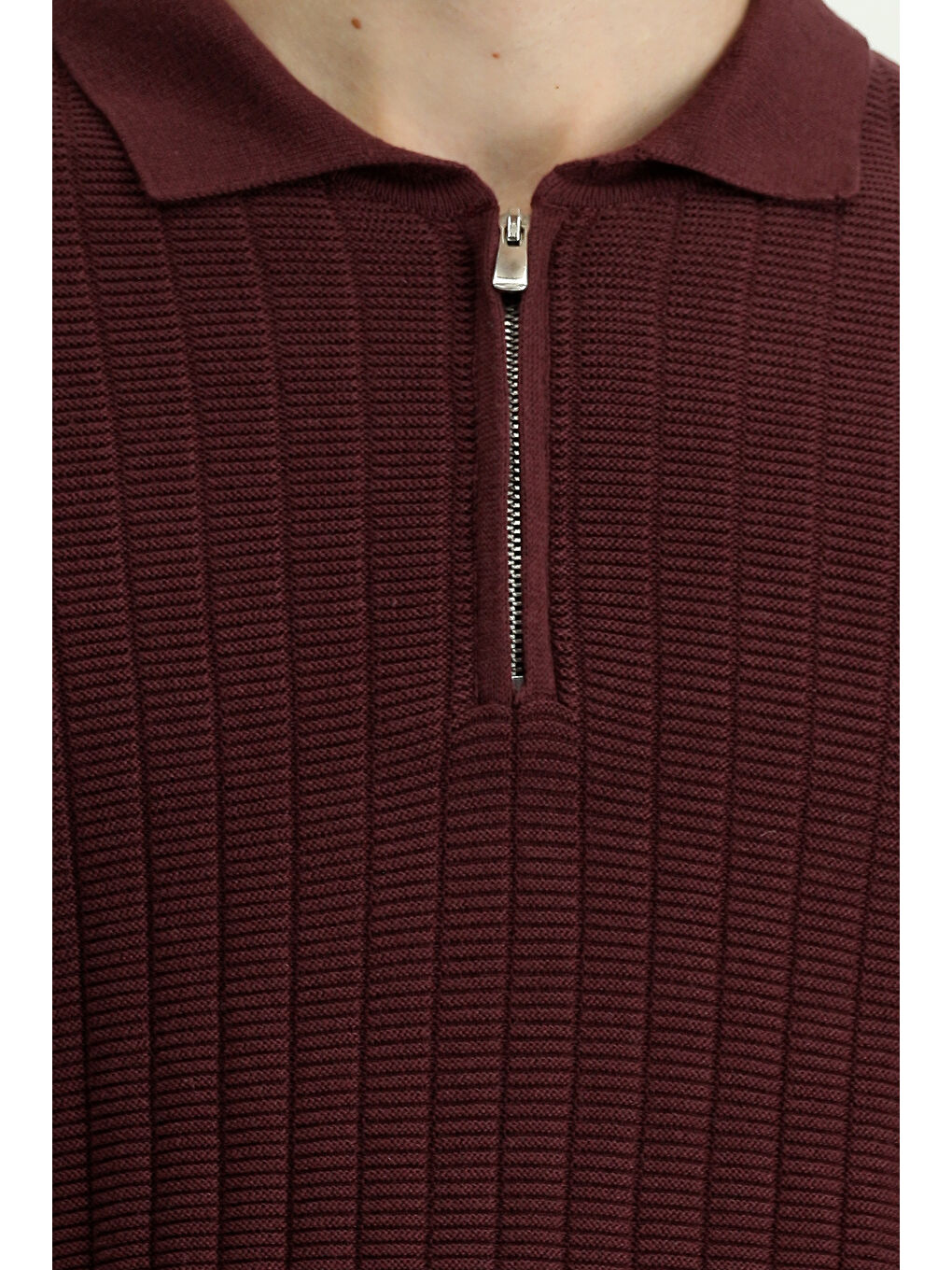 Bordo Polo Yaka Regular Fit Desenli Fermuarlı Pamuklu Triko Kazak-5
