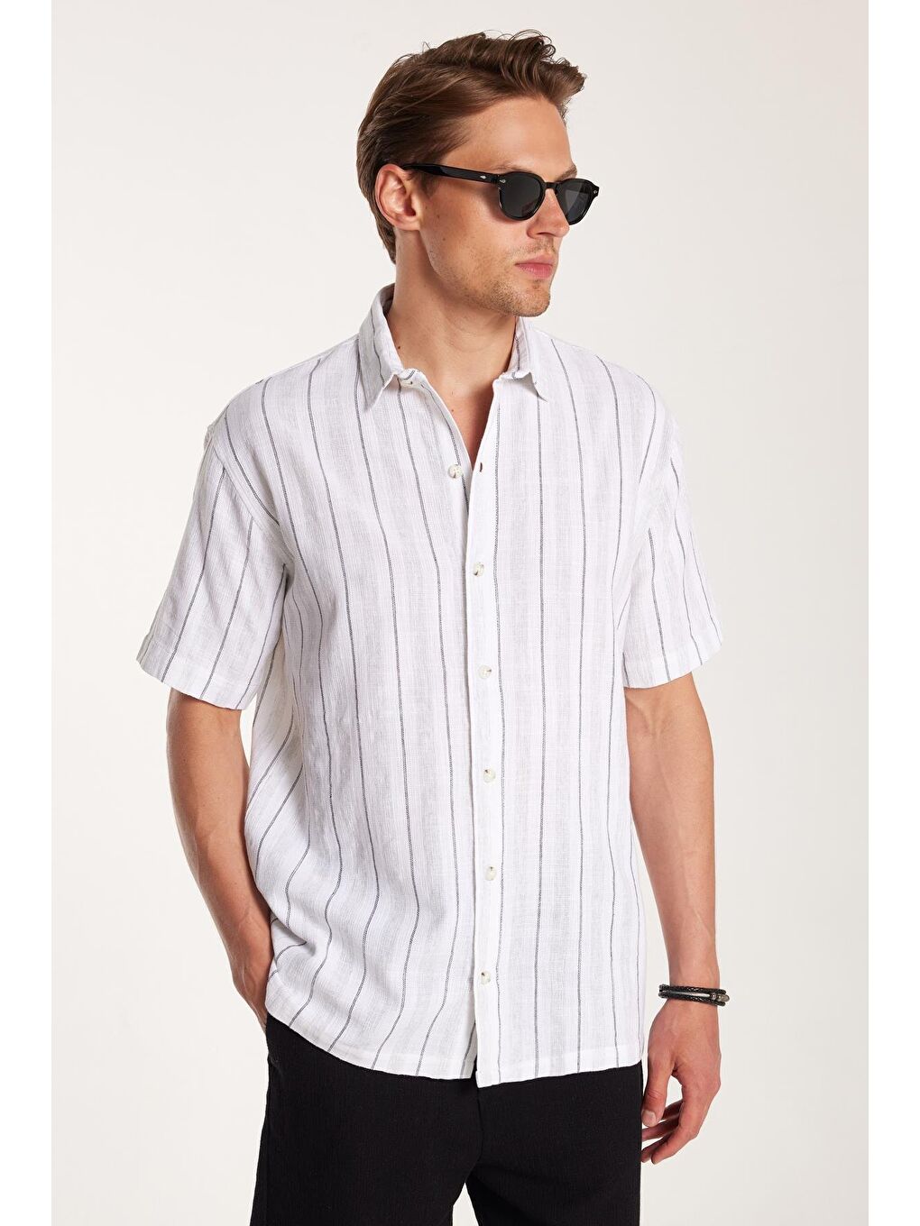 Karışık Relax Fit Oversıze Pamuklu Keten Efekt Çizgili Özel Tasarım Erkek Gömlek-1