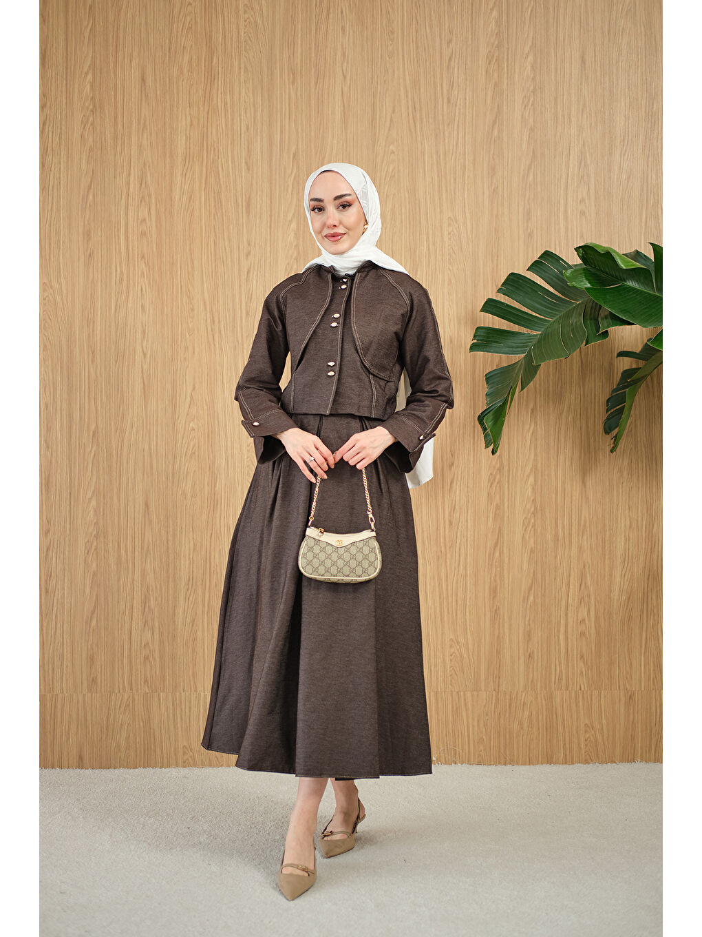 Kadın Pelerin Detay Gold Düğmeli Jean Takım Kahverengi-3