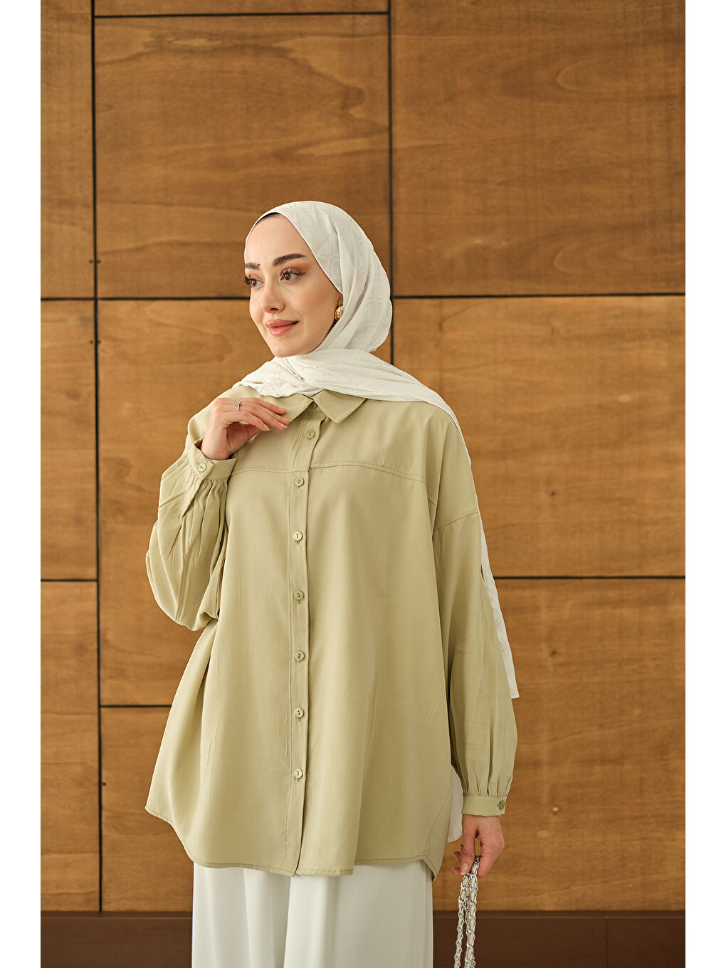 Turkuaz Kadın Biyeli Bel Bağlamalı Gömlek Su Yeşil-4