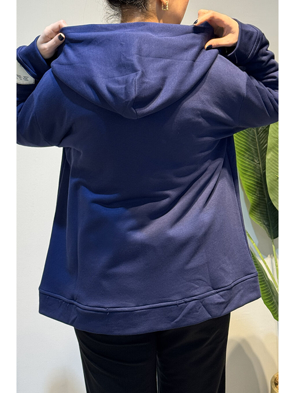 Kol Etiket Detay Kapüşonlu Fermuarlı Sweat Ceket 3176 Lacivert-3