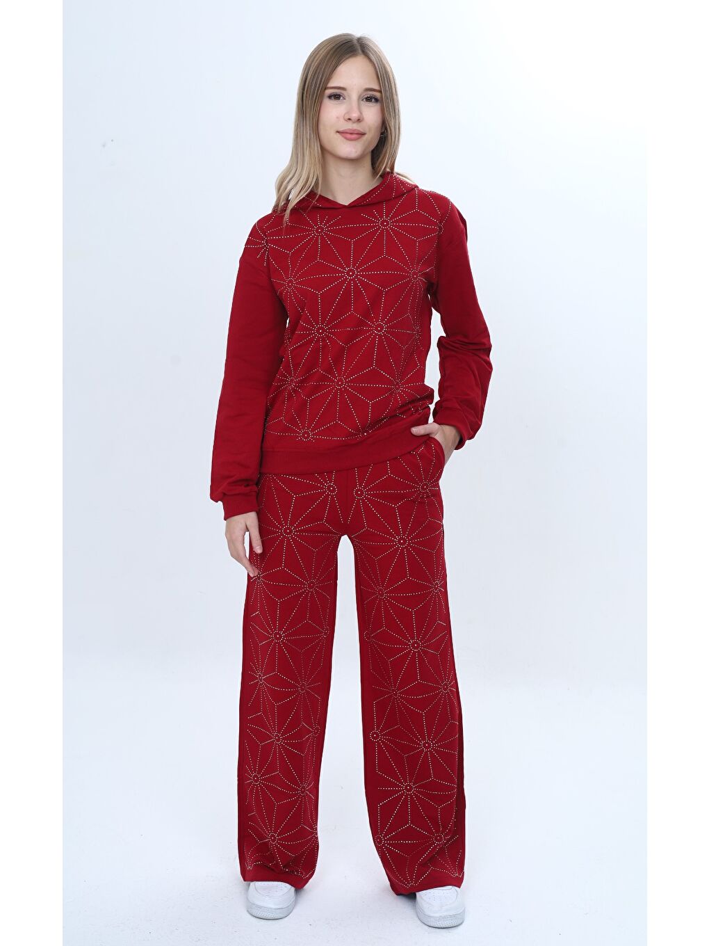 Bordo Kız Çocuk 2'li Takım Taş İşlemeli Kapüşonlu Sweatshirt & Beli Lastikli Bol Paça Cepli Eşofman Altı -