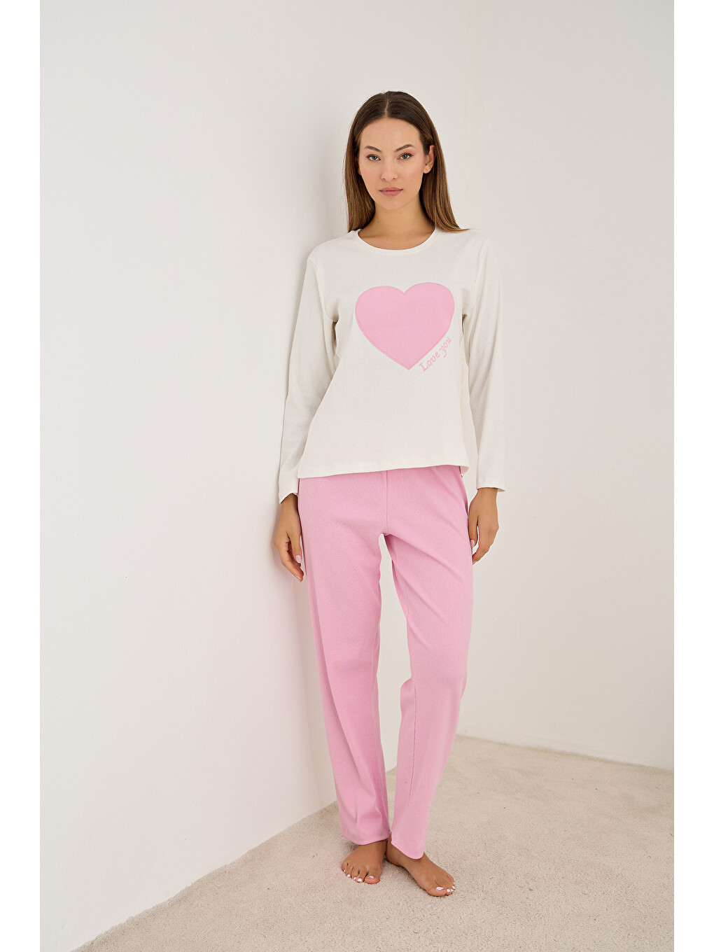Pembe Kalp Nakışlı Pamuklu Fitilli Kaşkorse Örme Pijama Takım25226013-1