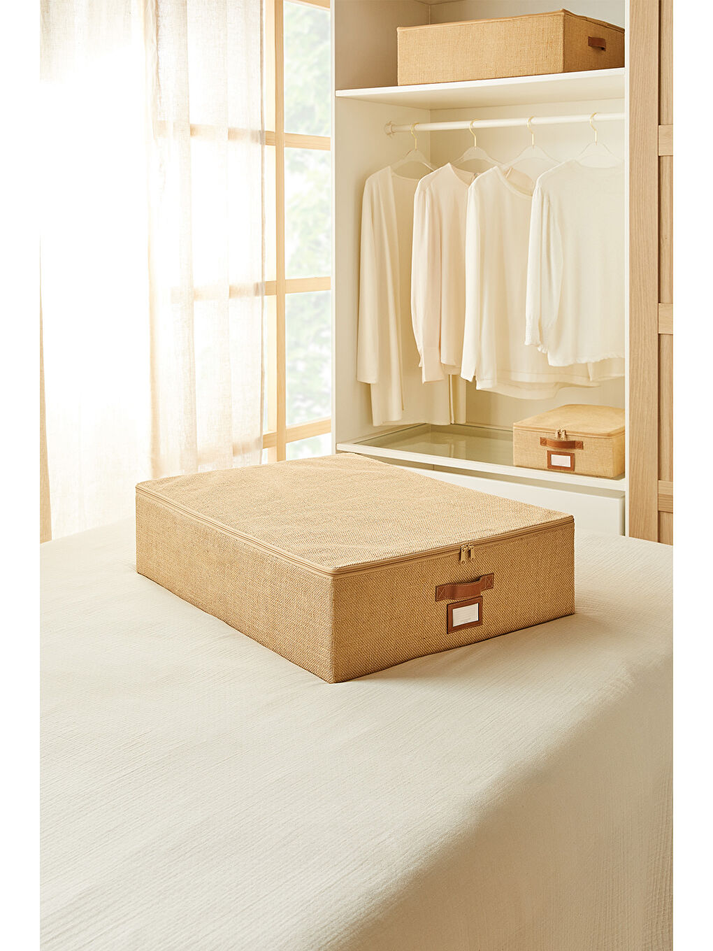 Bej Büyük Boy Jüt Destekli Kutu Hurç 55 x 70 x 18 cm