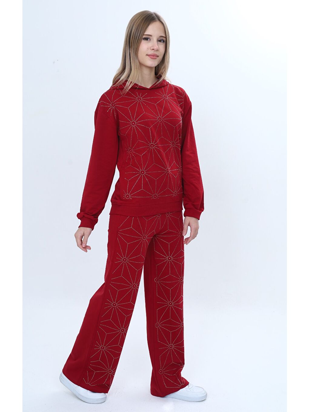 Bordo Kız Çocuk 2'li Takım Taş İşlemeli Kapüşonlu Sweatshirt & Beli Lastikli Bol Paça Cepli Eşofman Altı --1