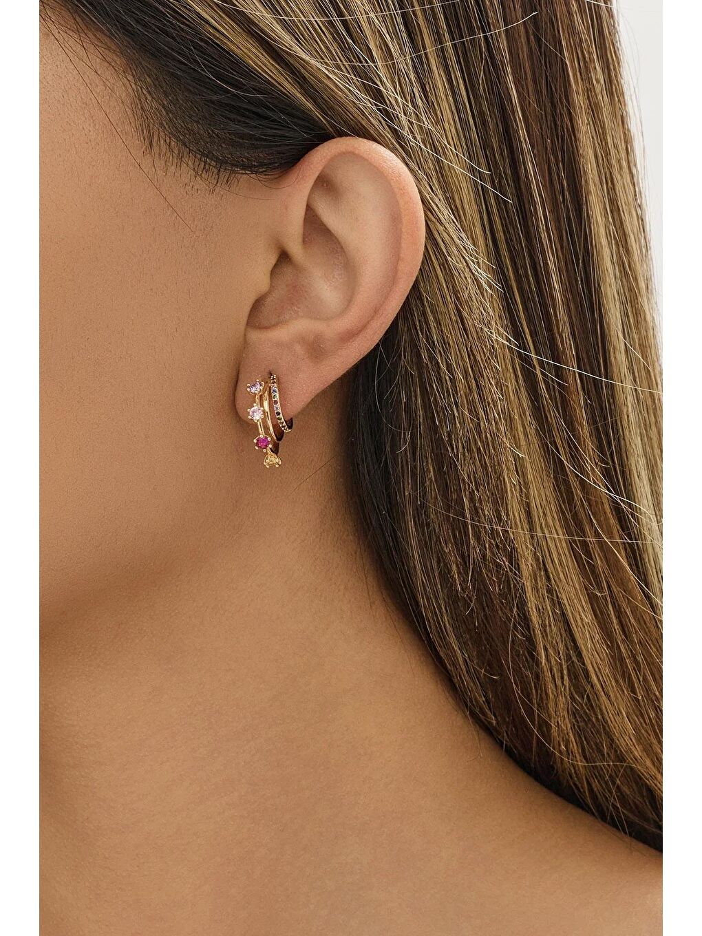 Sarı 3 Katlı Pembe Taşlı Elegant Küpe