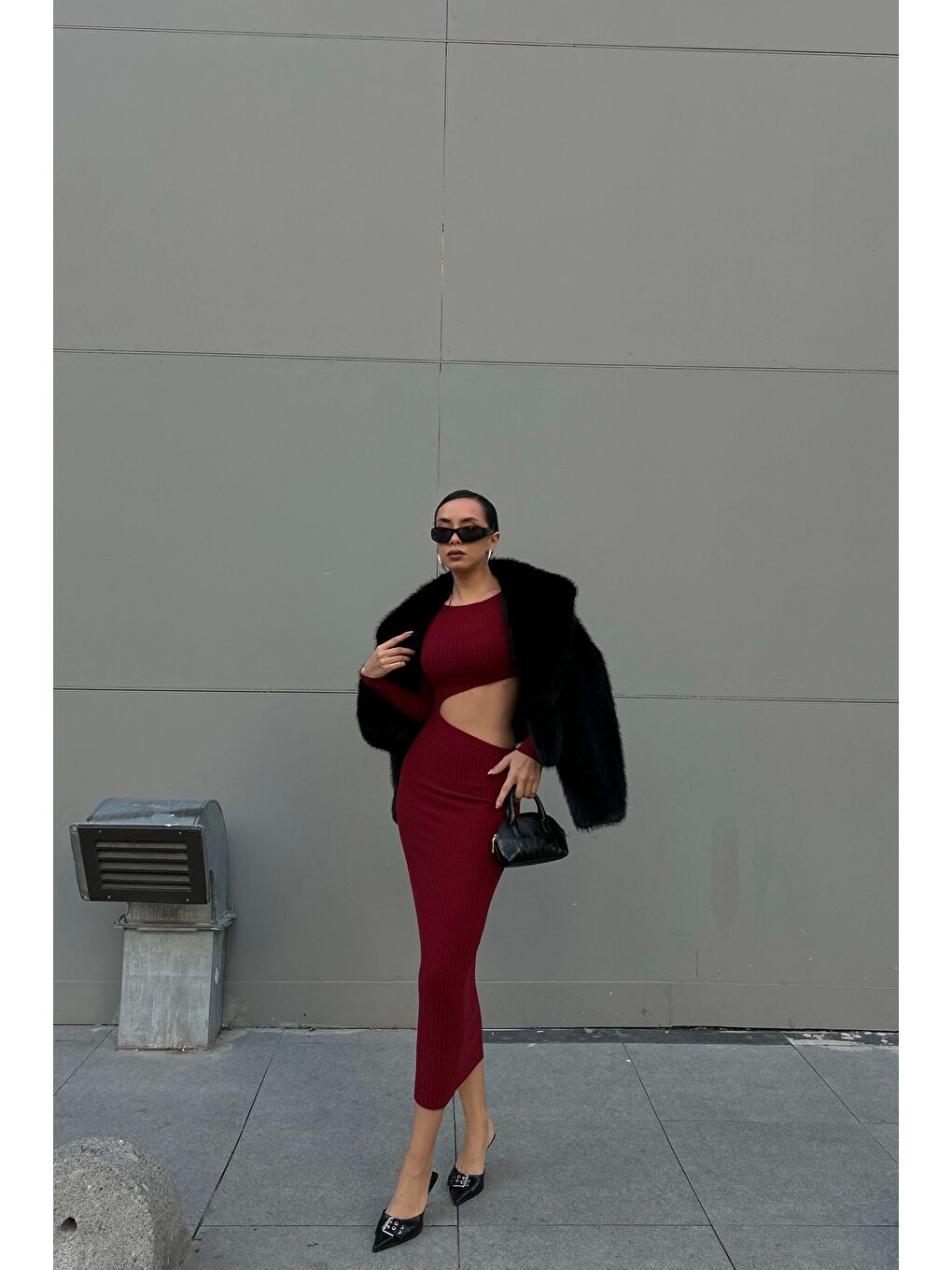 Kadın Bordo Fitilli Dekolte Elbise 0999-9218-5