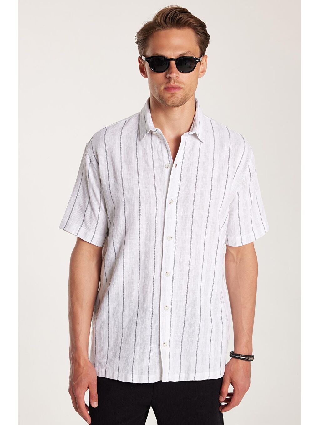 Karışık Relax Fit Oversıze Pamuklu Keten Efekt Çizgili Özel Tasarım Erkek Gömlek-3