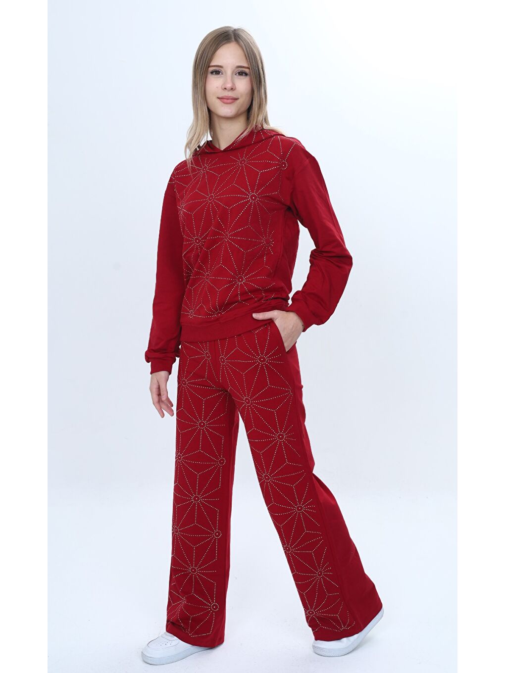 Bordo Kız Çocuk 2'li Takım Taş İşlemeli Kapüşonlu Sweatshirt & Beli Lastikli Bol Paça Cepli Eşofman Altı --2