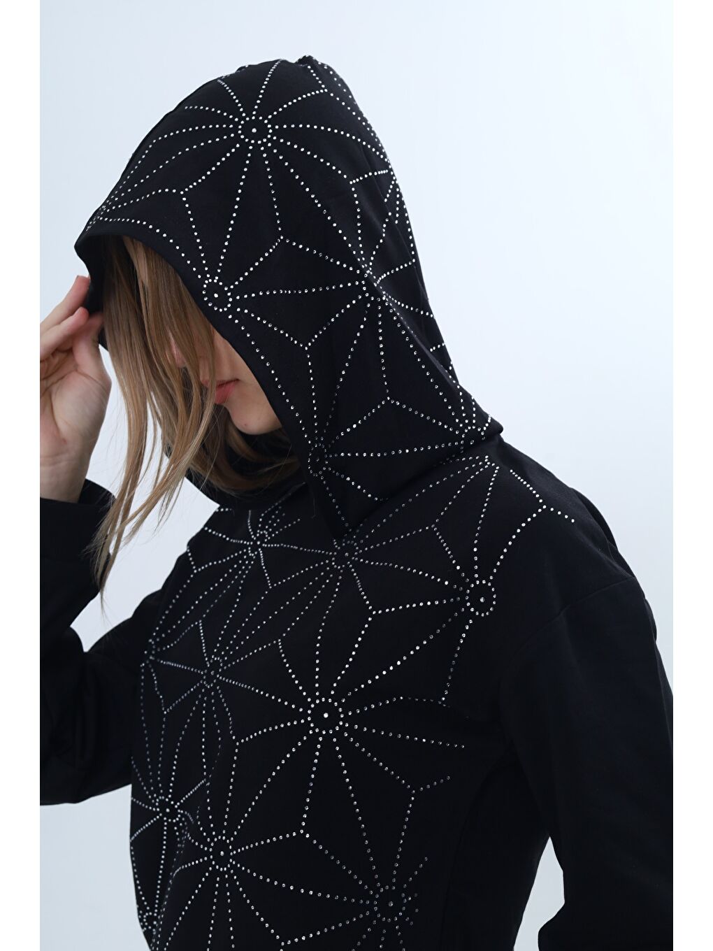 Siyah Kız Çocuk 2'li Takım Taş İşlemeli Kapüşonlu Sweatshirt & Beli Lastikli Bol Paça Cepli Eşofman Altı --6