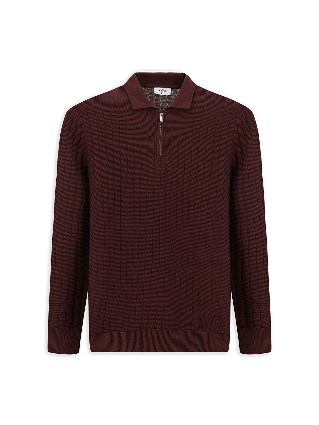 Bordo Polo Yaka Regular Fit Desenli Fermuarlı Pamuklu Triko Kazak-6