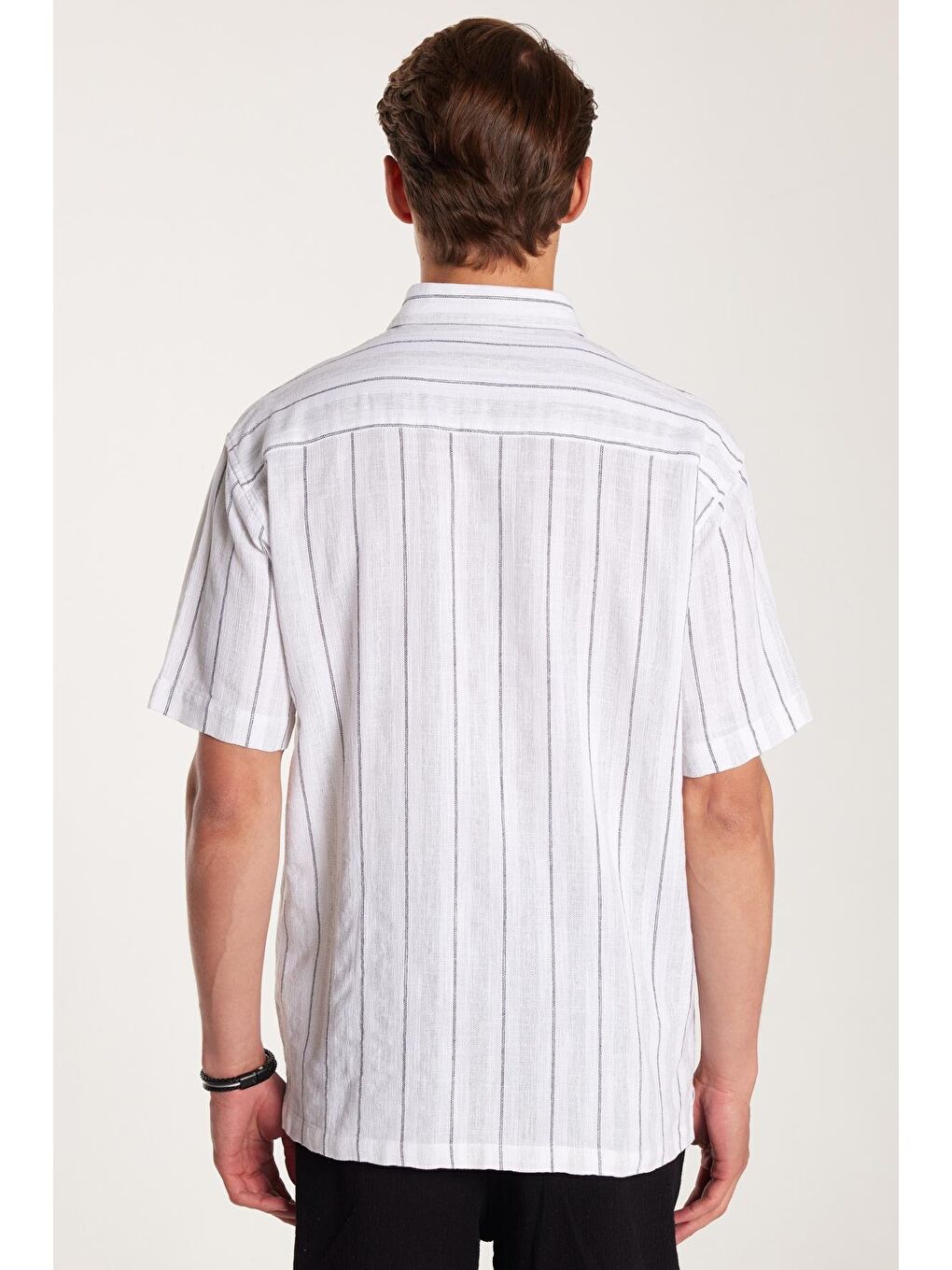 Karışık Relax Fit Oversıze Pamuklu Keten Efekt Çizgili Özel Tasarım Erkek Gömlek-4