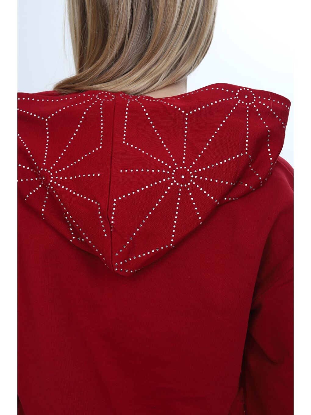 Bordo Kız Çocuk 2'li Takım Taş İşlemeli Kapüşonlu Sweatshirt & Beli Lastikli Bol Paça Cepli Eşofman Altı --4