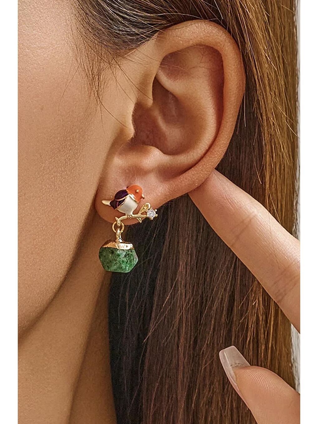 Sarı Minik Kuş Yeşil Taş Sallantılı Küpe-1