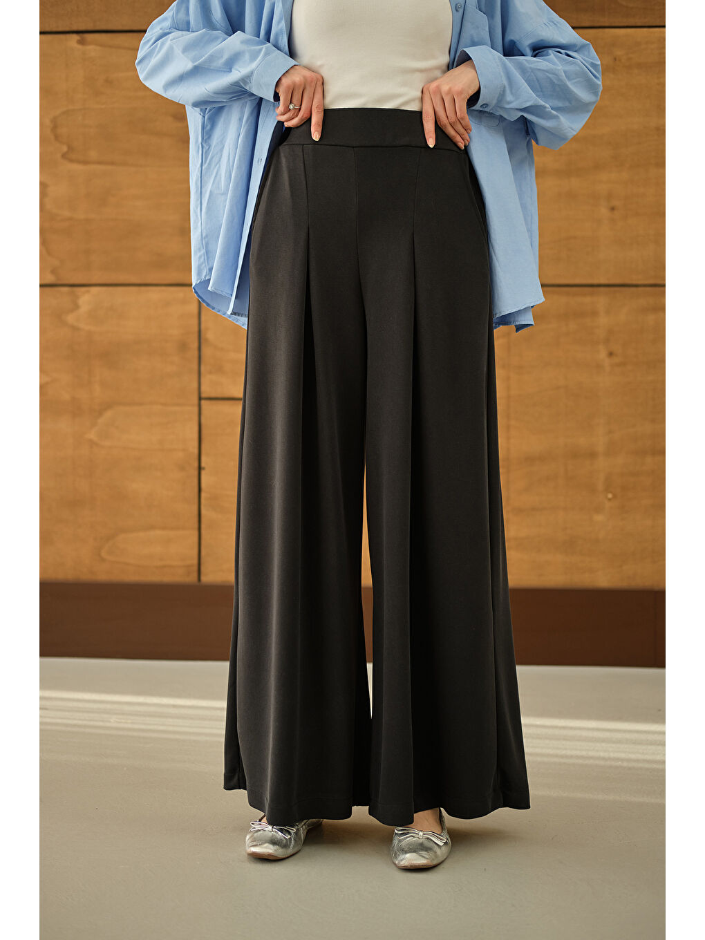 Kadın Bol Paça Pantolon Siyah-3