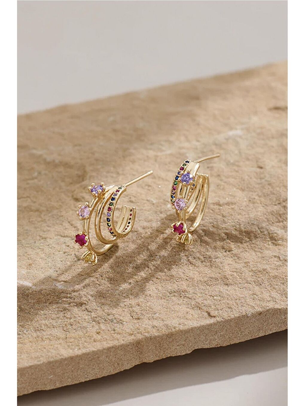 Sarı 3 Katlı Pembe Taşlı Elegant Küpe-1