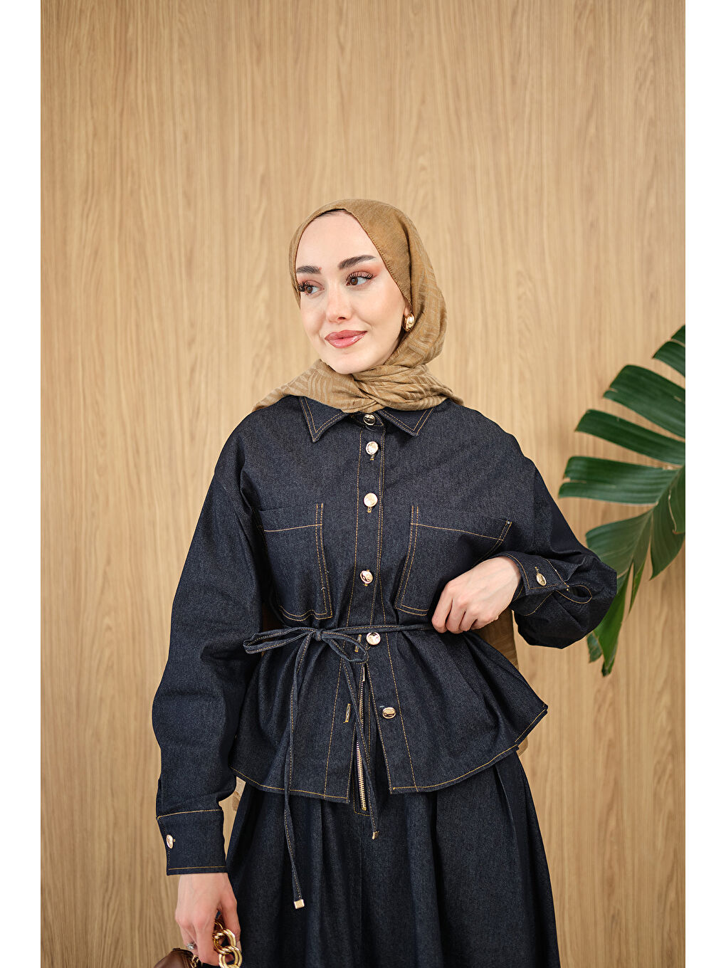 Kadın Çift Cep Detay Bel Bağlamalı Jean Takım Lacivert-1