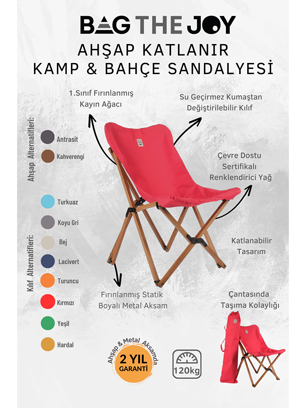 Bag The Joy Kırmızı Kahverengi İskelet – Kırmızı Kılıf Ahşap Katlanır Kamp & Bahçe Sandalyesi - 4