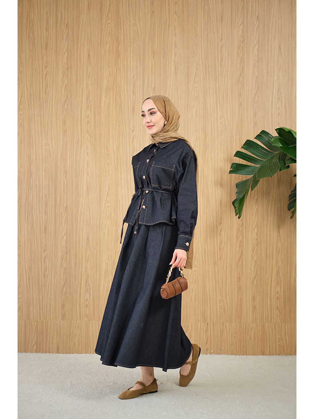 Kadın Çift Cep Detay Bel Bağlamalı Jean Takım Lacivert-2