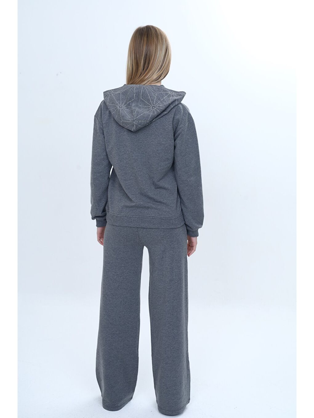 Antrasit Kız Çocuk 2'li Takım Taş İşlemeli Sweatshirt & Beli Lastikli Bol Paça Cepli Eşofman Altı --3