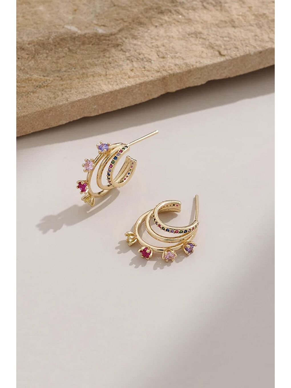 Sarı 3 Katlı Pembe Taşlı Elegant Küpe-2