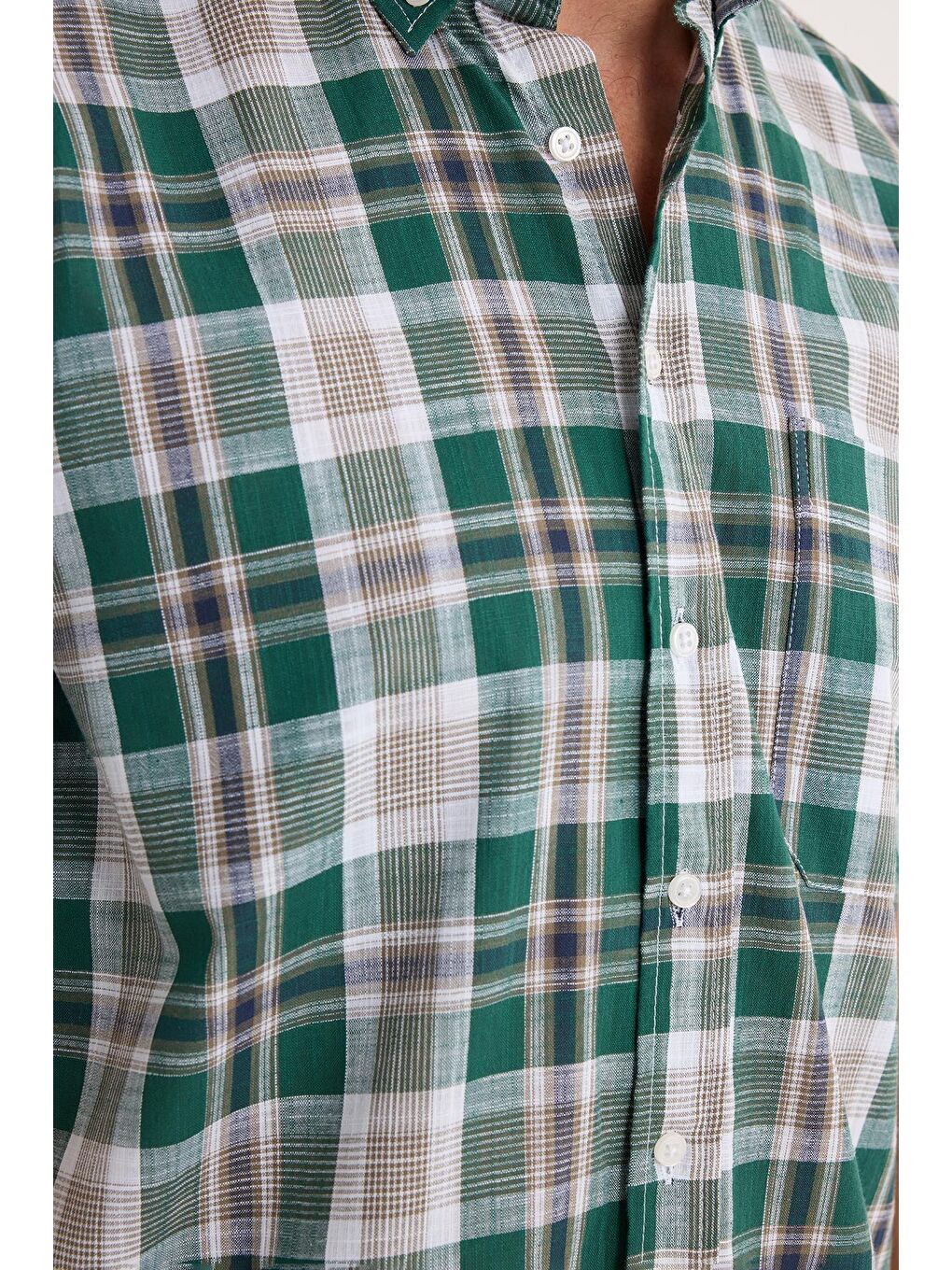 Karışık Erkek Regular Fit Klasik Kesim %100 Pamuk Keten Doku Cepli Kareli Kısa Kollu Düğmeli Yaka Gömlek-2