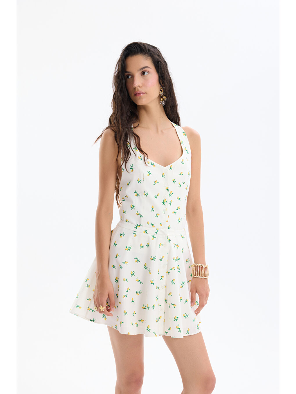 Limon Desenli Mini Etek Ekru-2