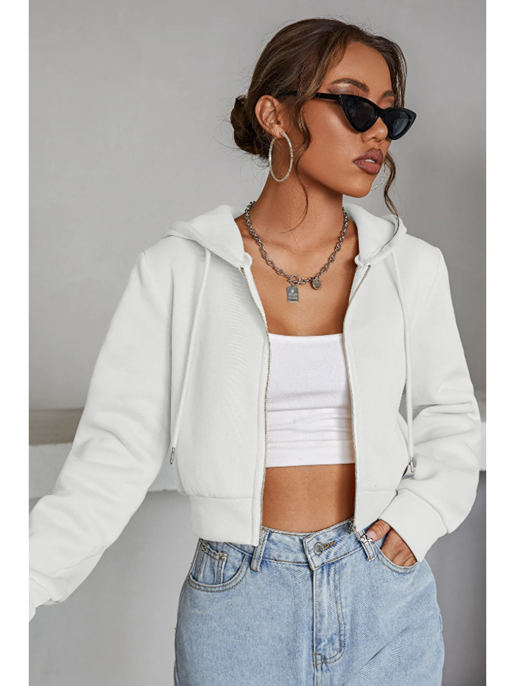 Kadın Kapüşonlu Şardonlu Beyaz Renk Crop Sweatshirt-2