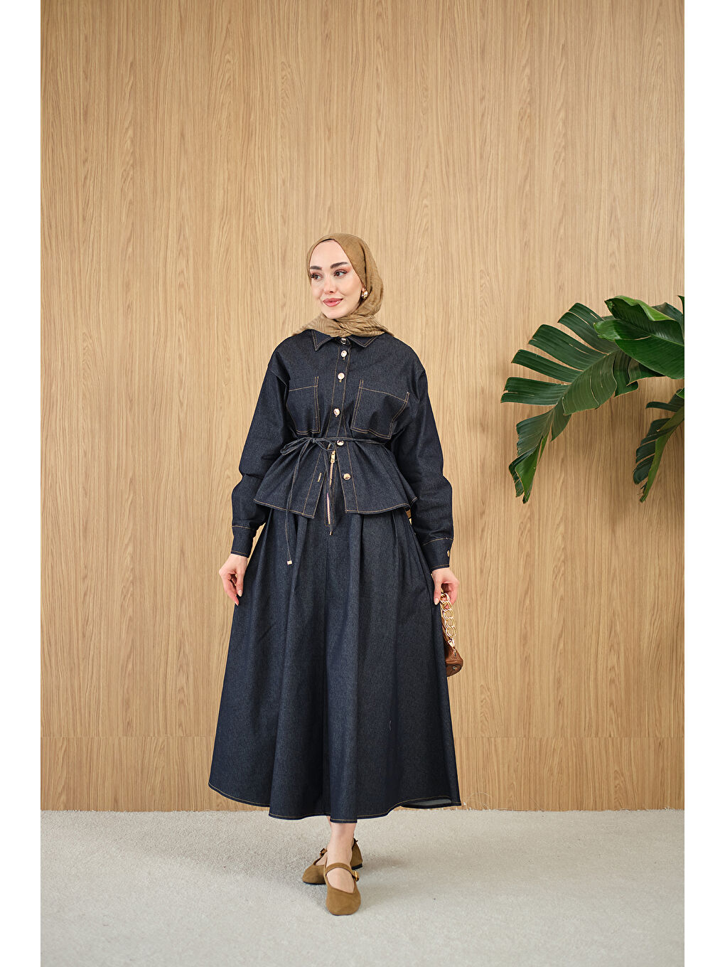 Kadın Çift Cep Detay Bel Bağlamalı Jean Takım Lacivert-4