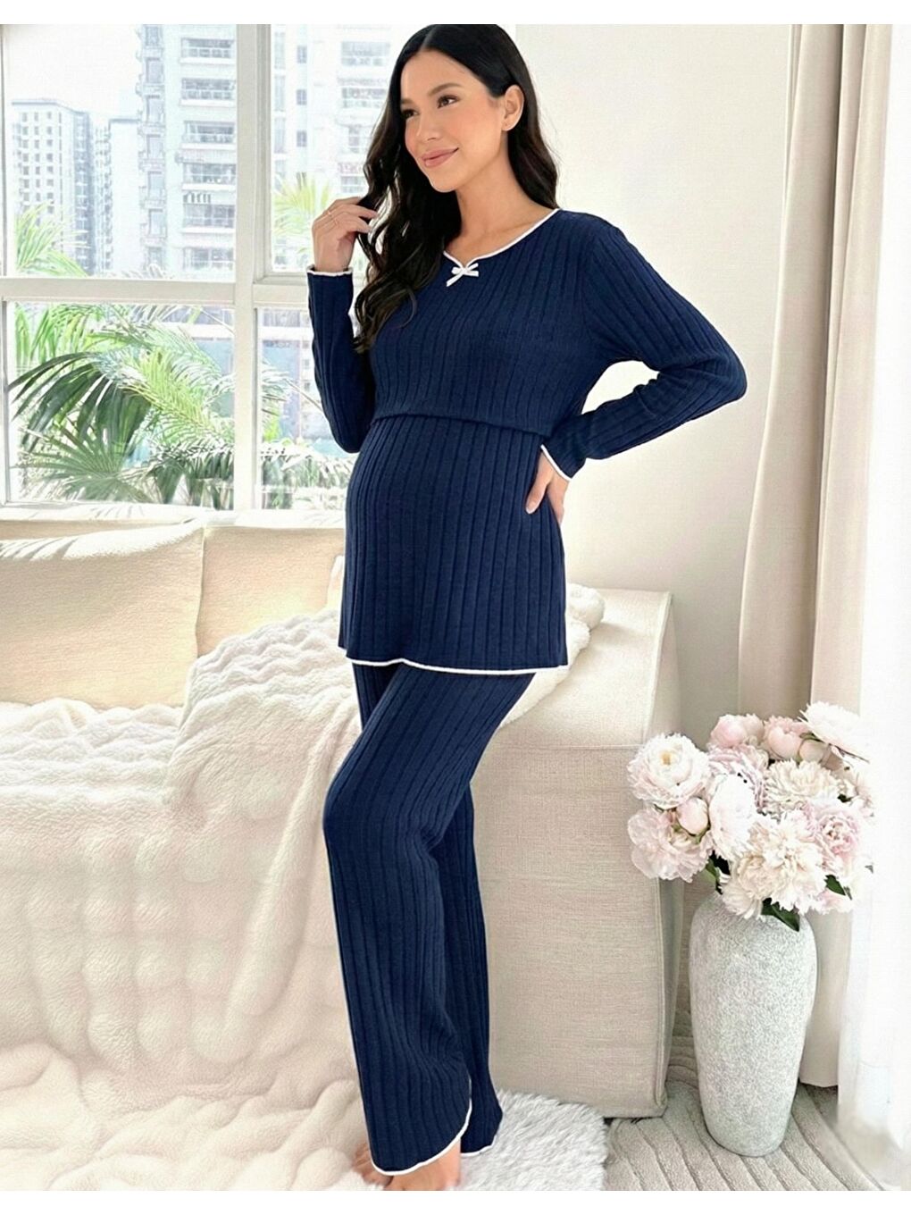 Lacivert Yumoş Dokulu Emzirmeye Uygun Ayarlanabilir Bel Destekli Hamile & Lohusa Pijama Takımı