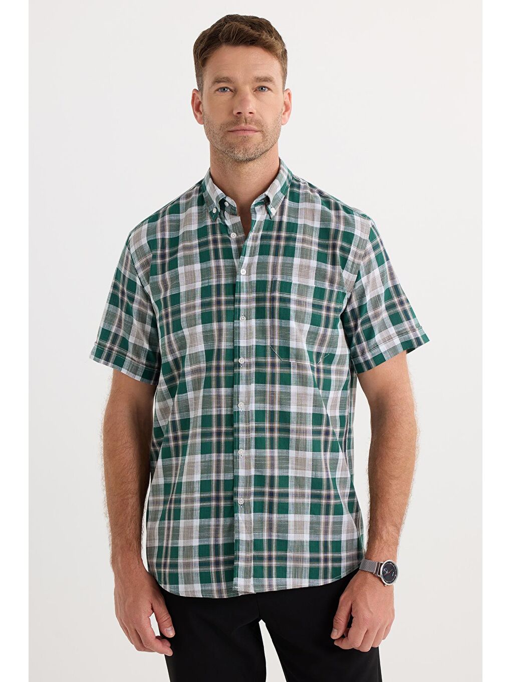 Karışık Erkek Regular Fit Klasik Kesim %100 Pamuk Keten Doku Cepli Kareli Kısa Kollu Düğmeli Yaka Gömlek-4