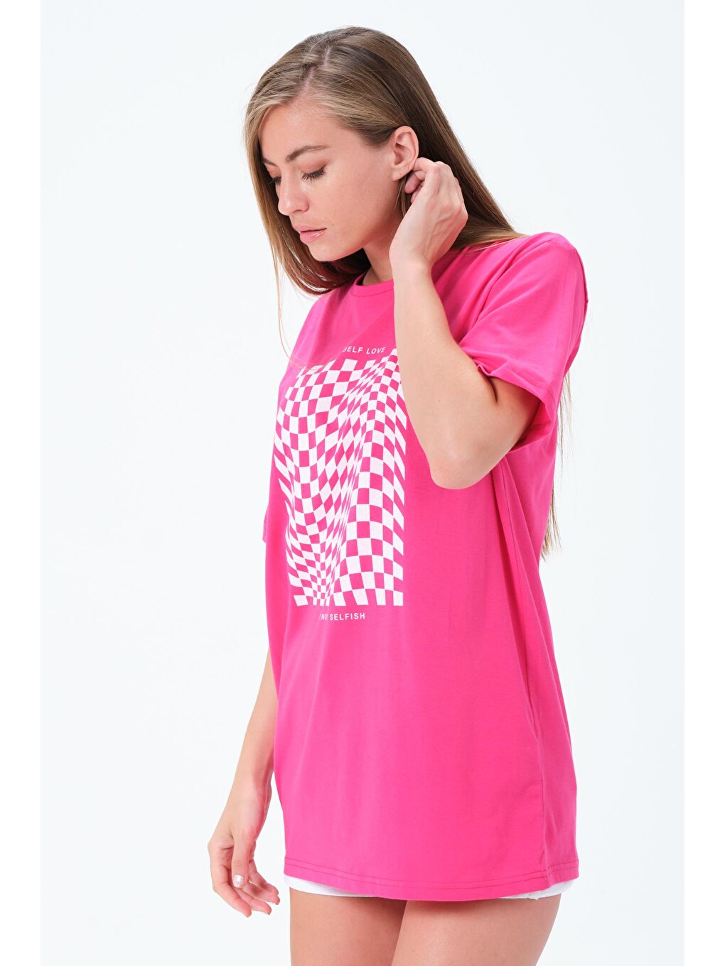 Fuşya Bisiklet Yaka Self Love İlizyon Baskılı Beyaz Oversize Kadın Tişört-2